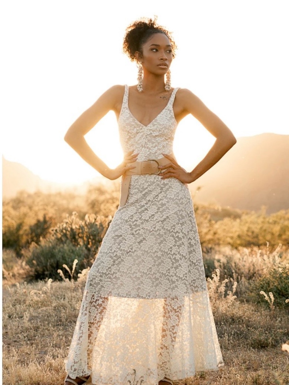 Joyfolie Lace Maxi Dress in Cream with V-Neck